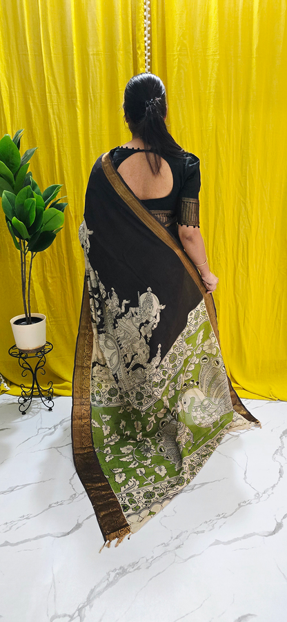 Beautiful Black and Green Kalamkari Mangalagiri Silk Saree with Nizam Border and Hand Block Design