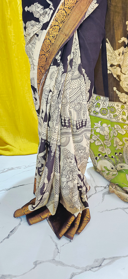 Beautiful Black and Green Kalamkari Mangalagiri Silk Saree with Nizam Border and Hand Block Design