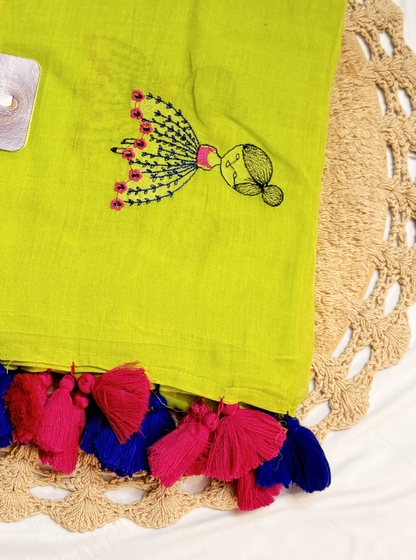 Lime Yellow Mul Cotton Saree with Hand Embroidered Motif & Contrast Tassels