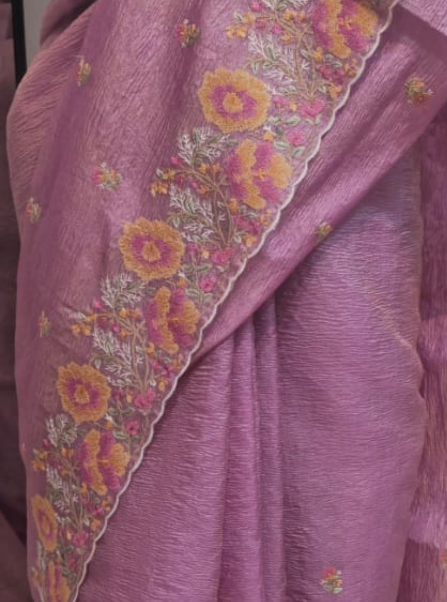 Lavender Crushed Tissue Saree with Floral Embroidered Border