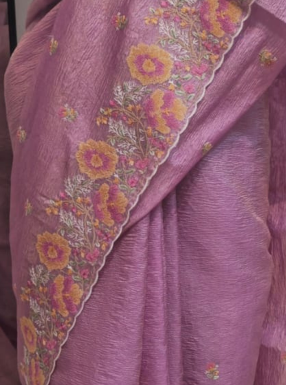Lavender Crushed Tissue Saree with Floral Embroidered Border