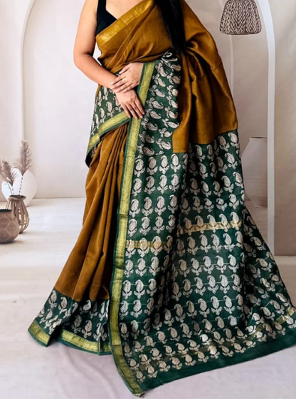 Olive Mustard Maheshwari Silk Saree with Green Woven Pallu