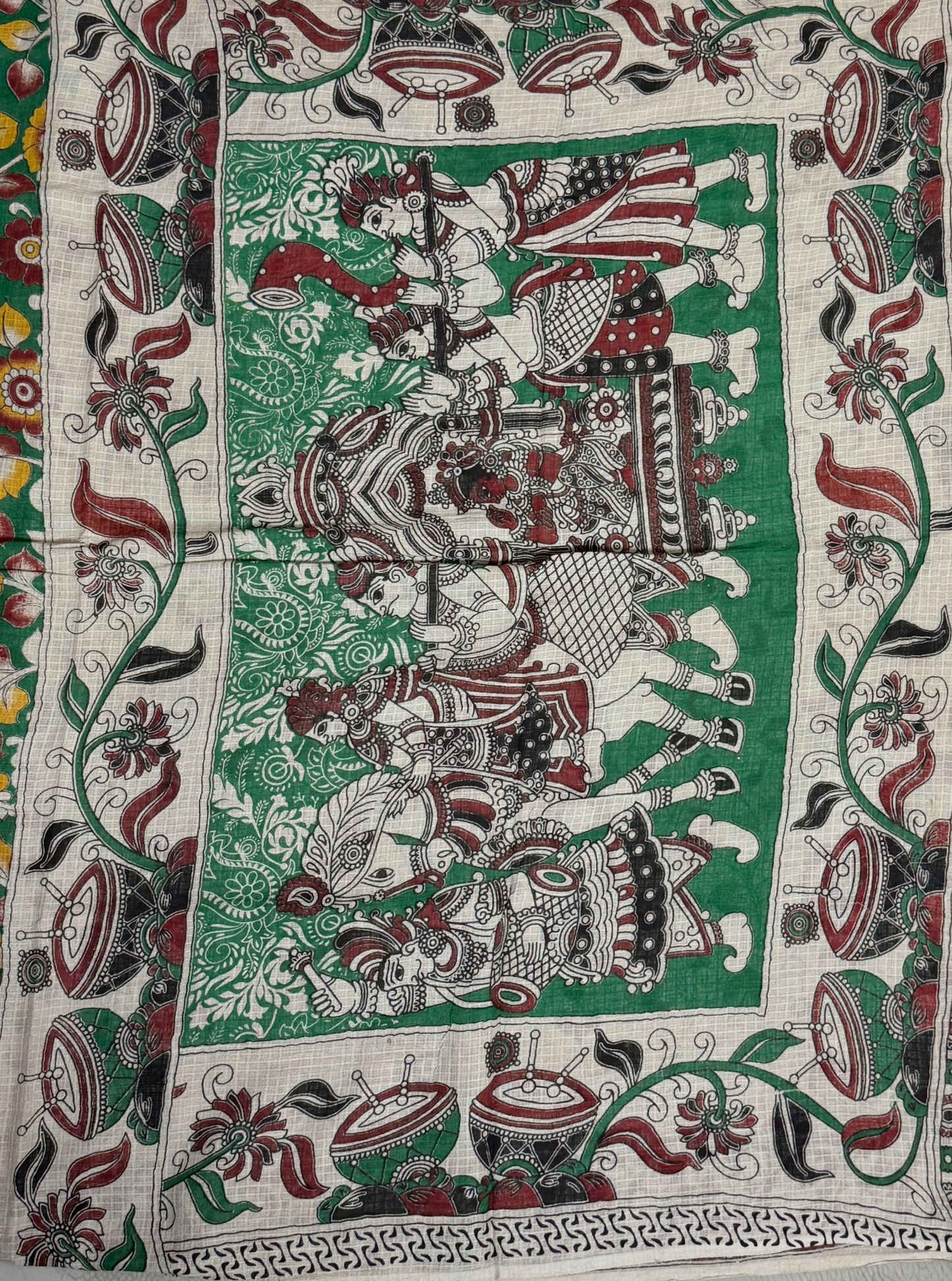 Emerald Green Kota Cotton Saree with Multicolor Floral Vine Motifs