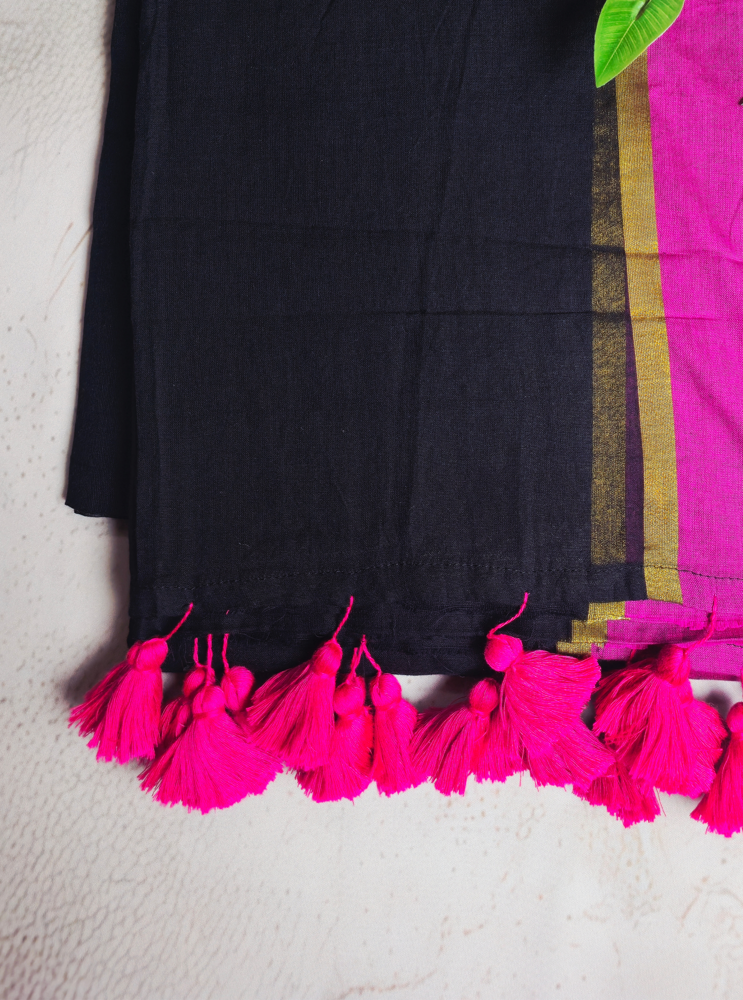 Classic Black Mul Cotton Saree with Contrast Pink Border & Tassel Pallu