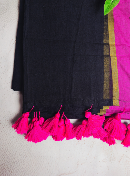 Classic Black Mul Cotton Saree with Contrast Pink Border & Tassel Pallu