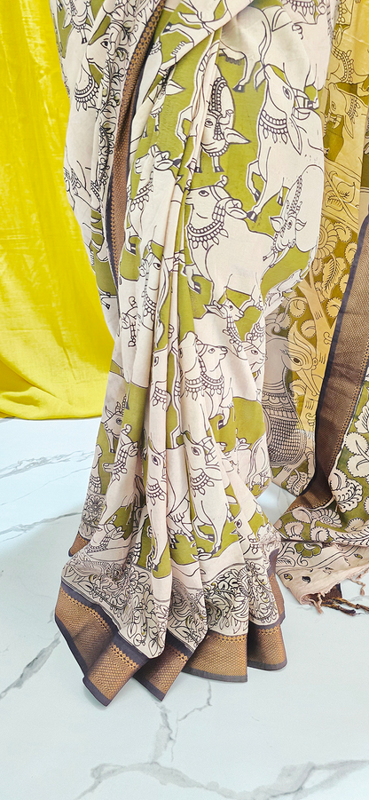 Stylish Green Pichwai Kalamkari Mangalagiri Silk Saree with Nizam Border and Hand Block Design