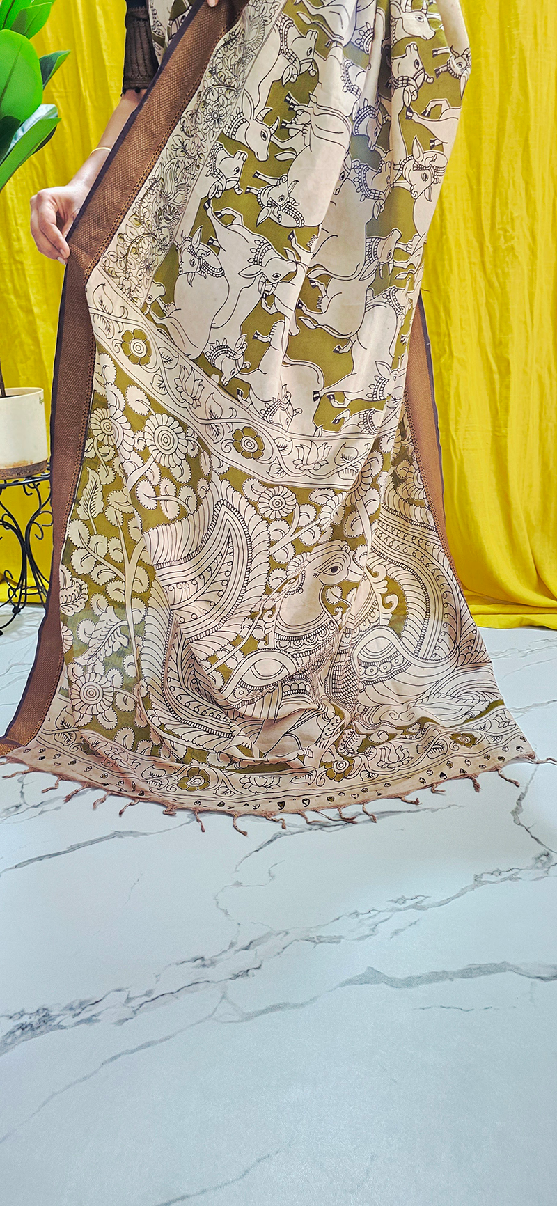 Stylish Green Pichwai Kalamkari Mangalagiri Silk Saree with Nizam Border and Hand Block Design