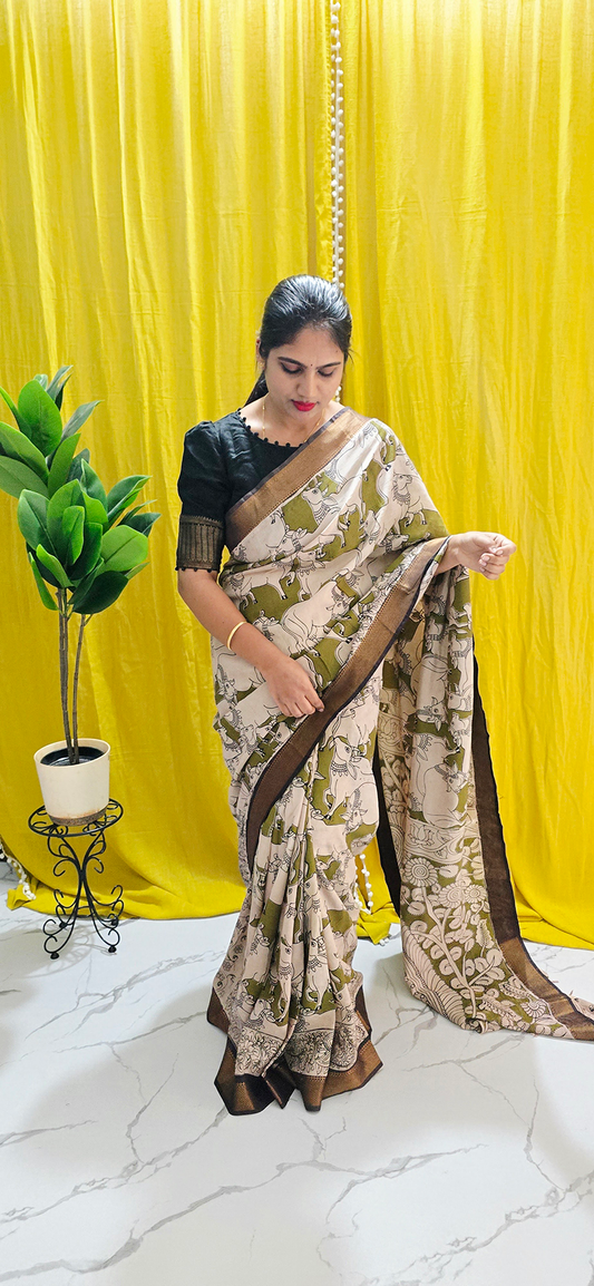 Stylish Green Pichwai Kalamkari Mangalagiri Silk Saree with Nizam Border and Hand Block Design