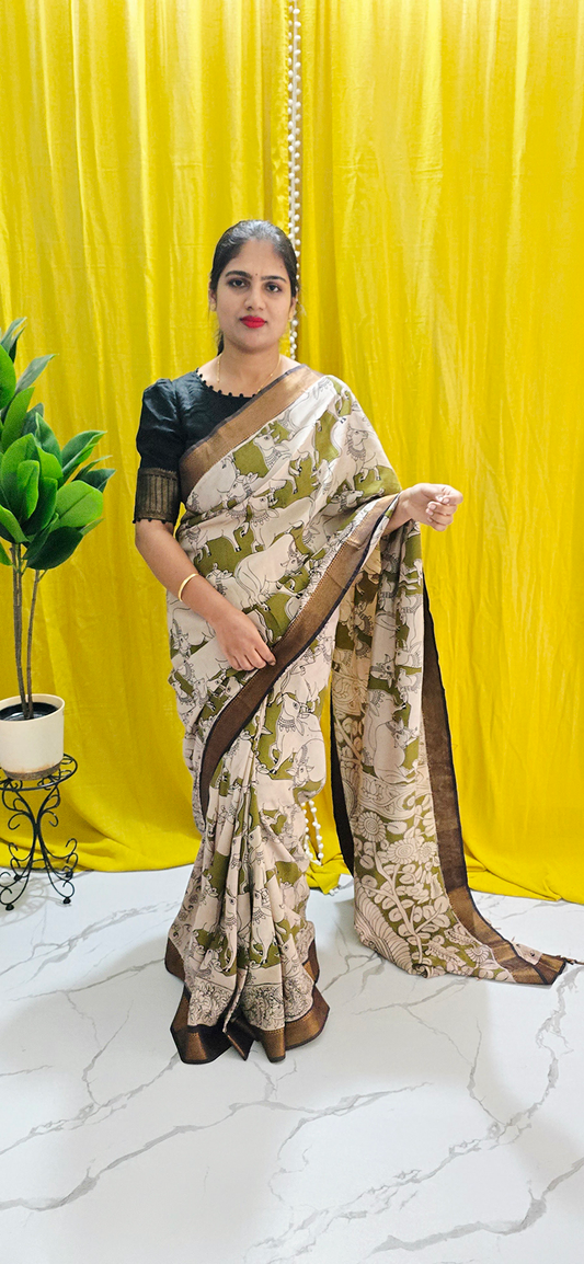 Stylish Green Pichwai Kalamkari Mangalagiri Silk Saree with Nizam Border and Hand Block Design