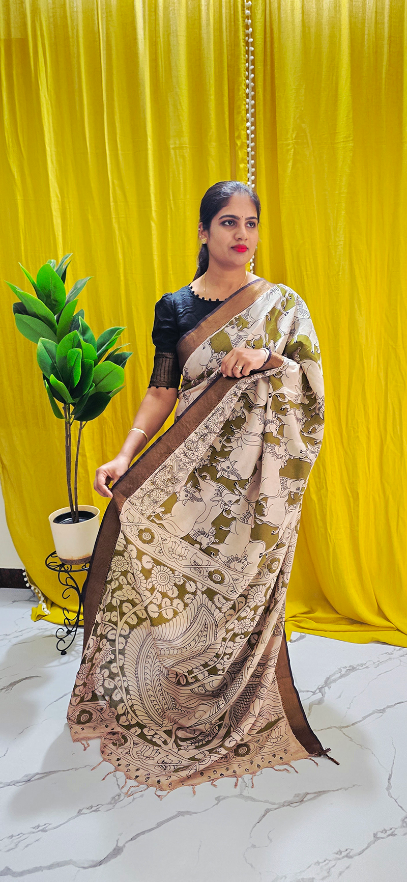 Stylish Green Pichwai Kalamkari Mangalagiri Silk Saree with Nizam Border and Hand Block Design