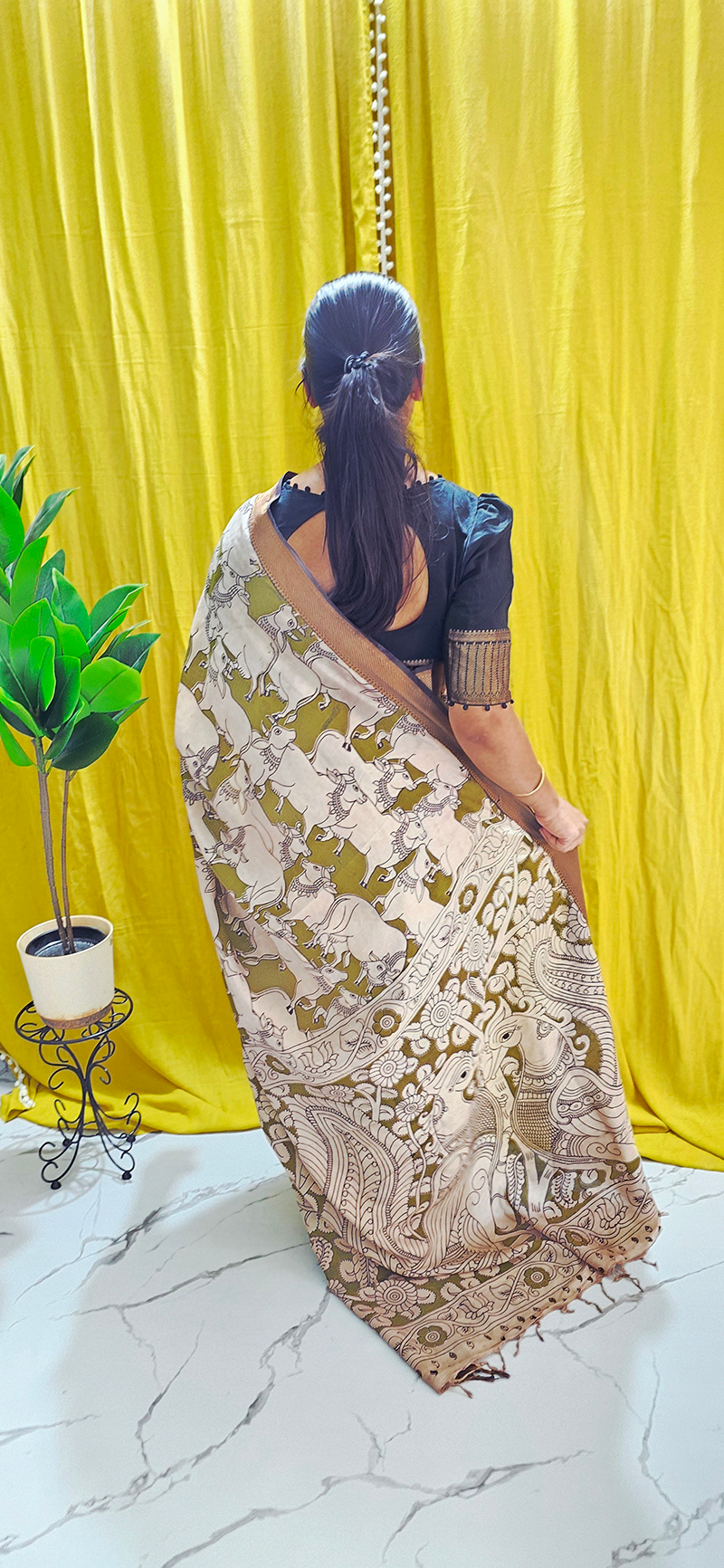 Stylish Green Pichwai Kalamkari Mangalagiri Silk Saree with Nizam Border and Hand Block Design