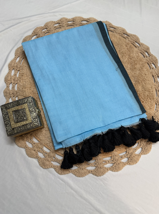 Sky Blue Mul Cotton Saree with Black Border & Tassels