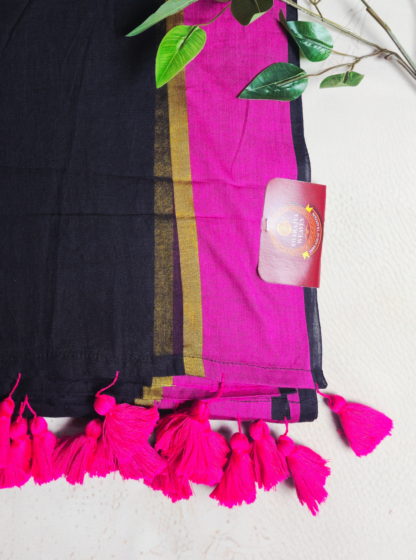 Classic Black Mul Cotton Saree with Contrast Pink Border & Tassel Pallu