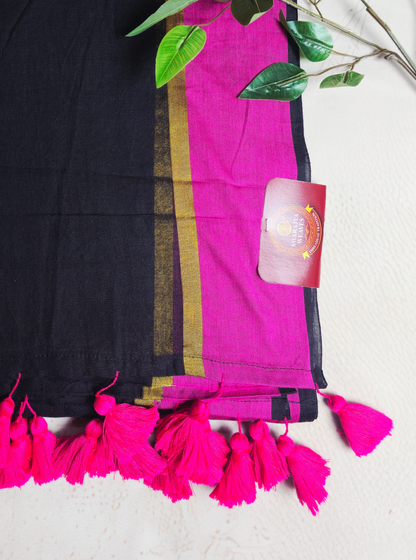 Classic Black Mul Cotton Saree with Contrast Pink Border & Tassel Pallu