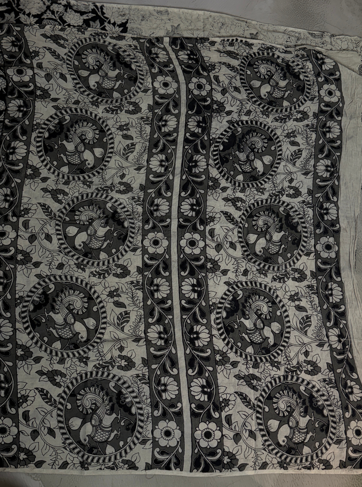 Black & Ivory Cotton Kalamkari Saree with Floral Vine Prints