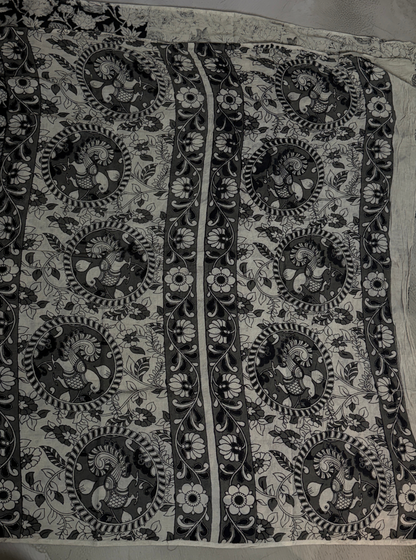 Black & Ivory Cotton Kalamkari Saree with Floral Vine Prints