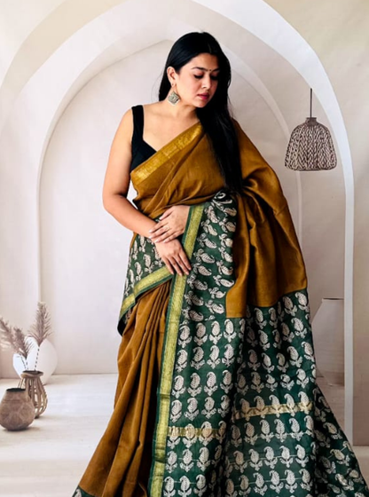Olive Mustard Maheshwari Silk Saree with Green Woven Pallu