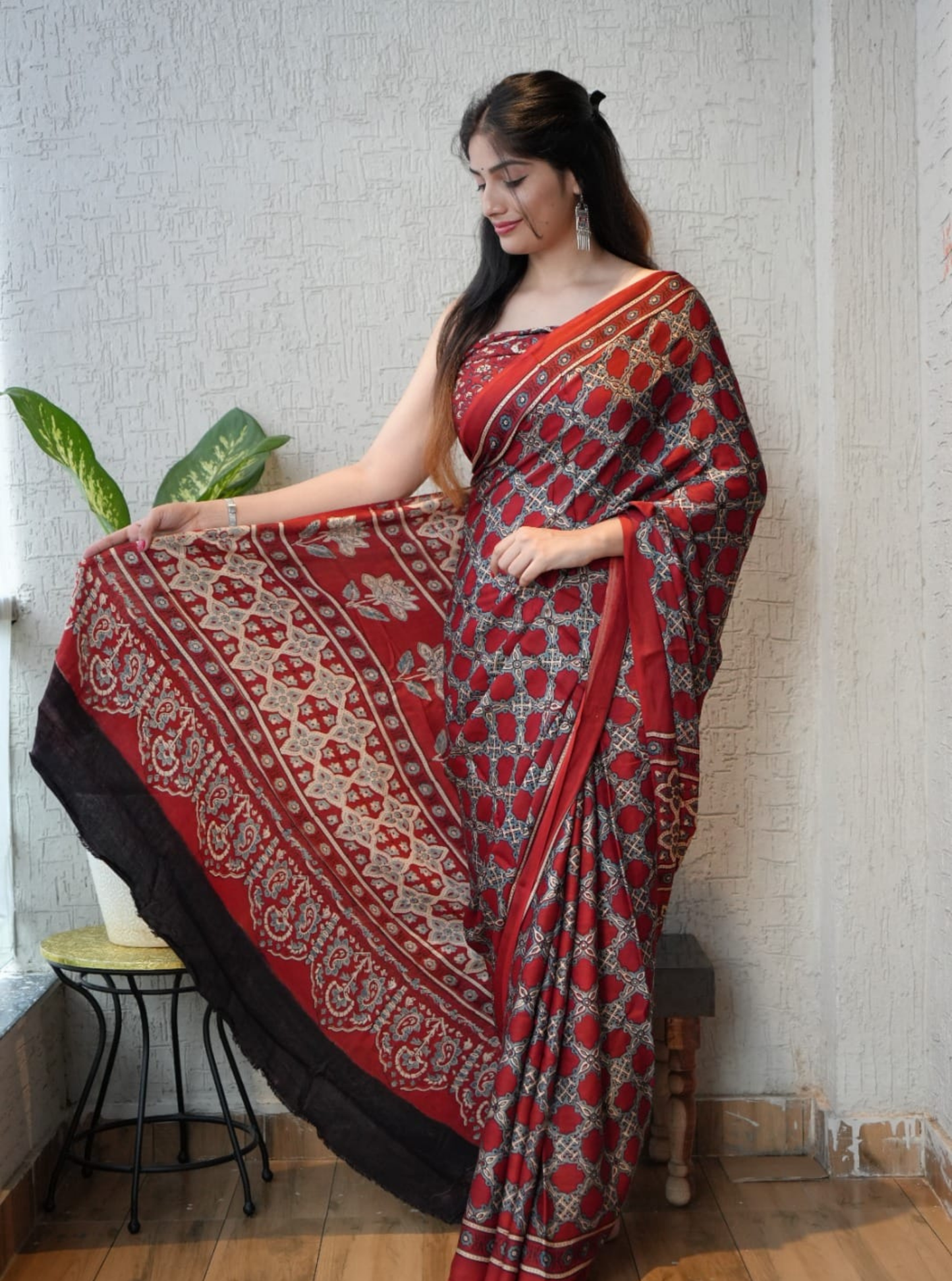 Elegant Red Modal Silk Saree with Traditional Ajrakh-Inspired Motifs