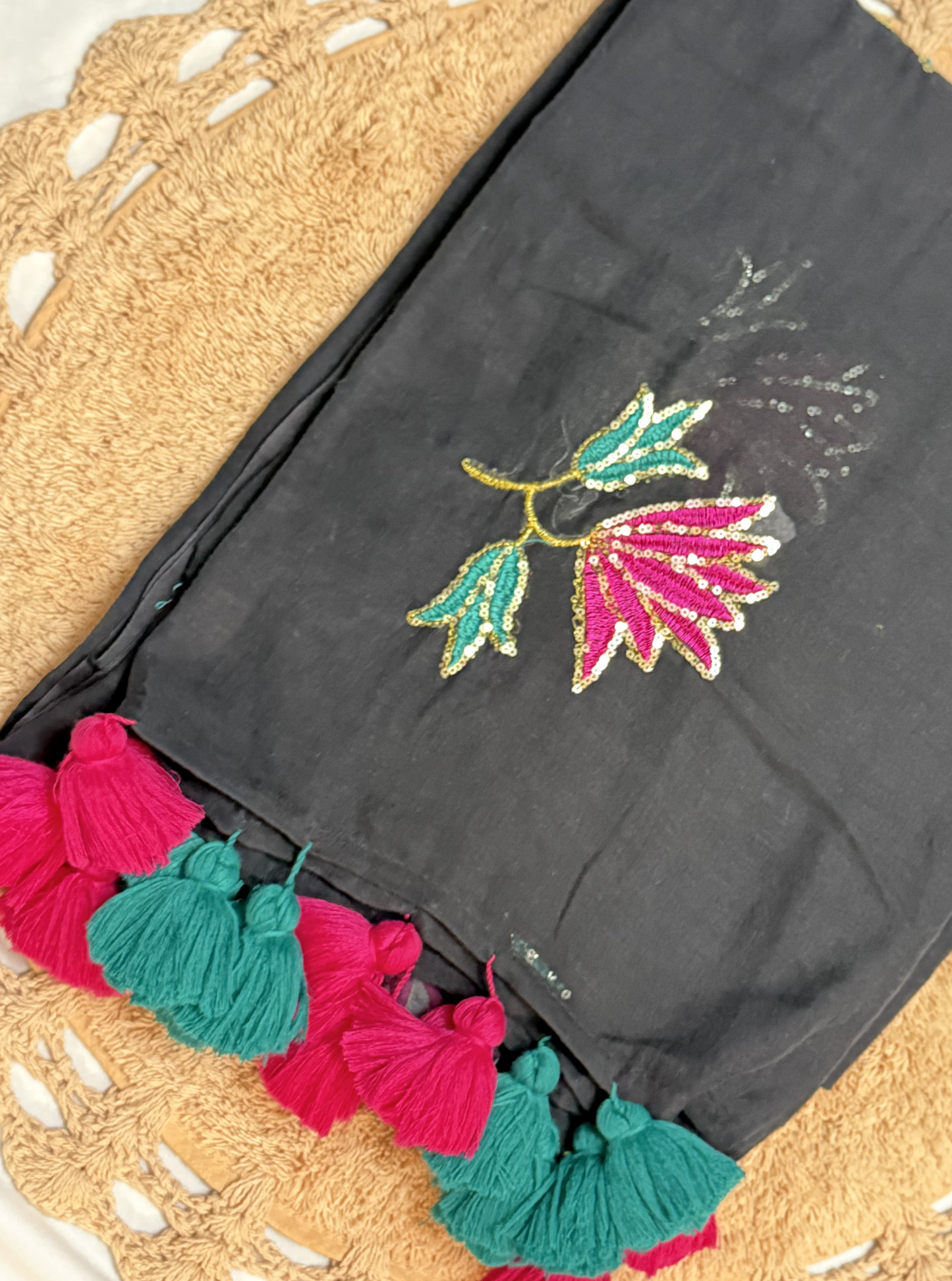 Black Mul Cotton Saree with Sequin Floral Embroidery & Contrast Tassels