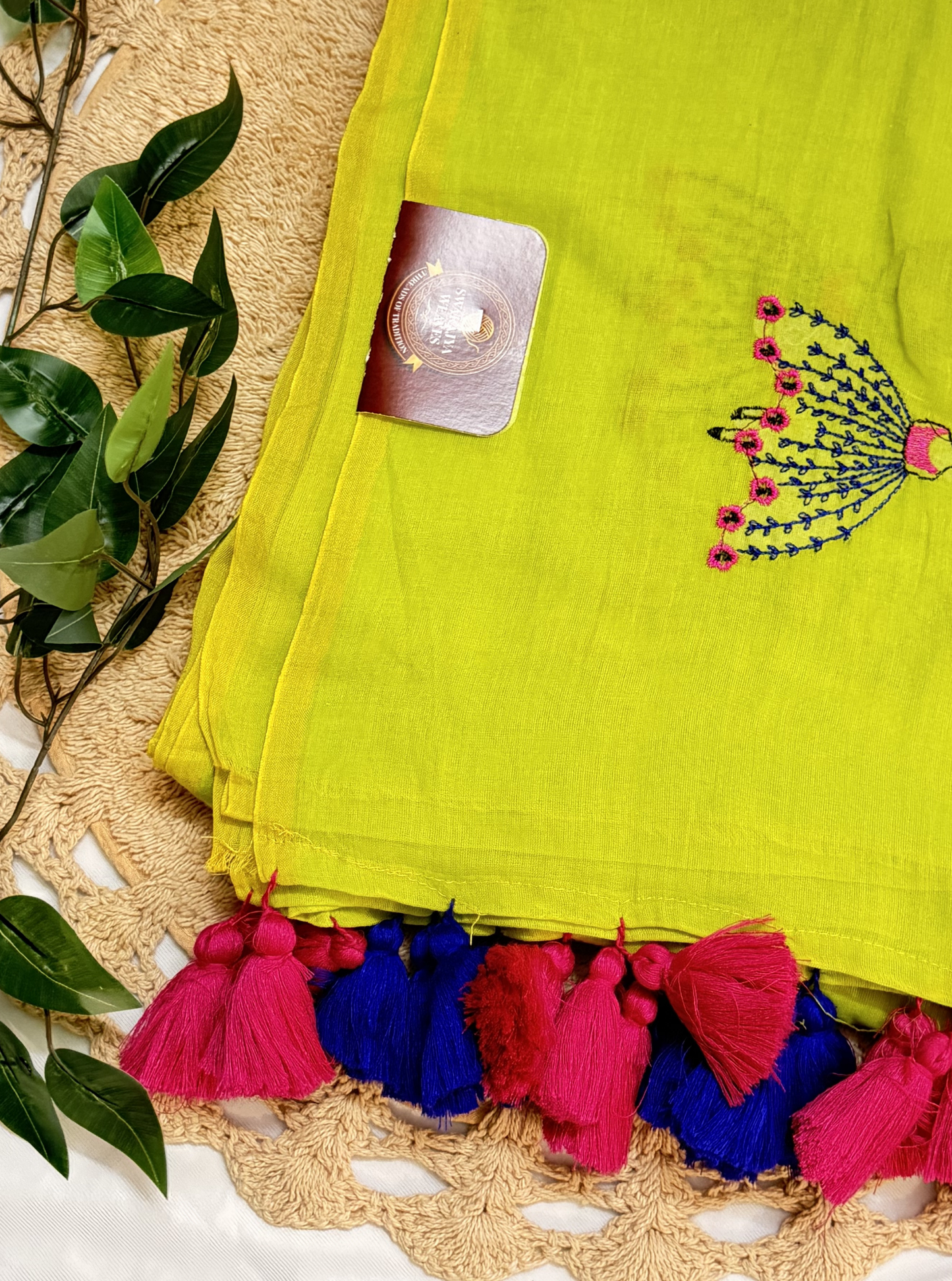 Lime Yellow Mul Cotton Saree with Hand Embroidered Motif & Contrast Tassels