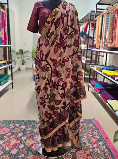Beige Kota Cotton Saree with Kalamkari Screen Print