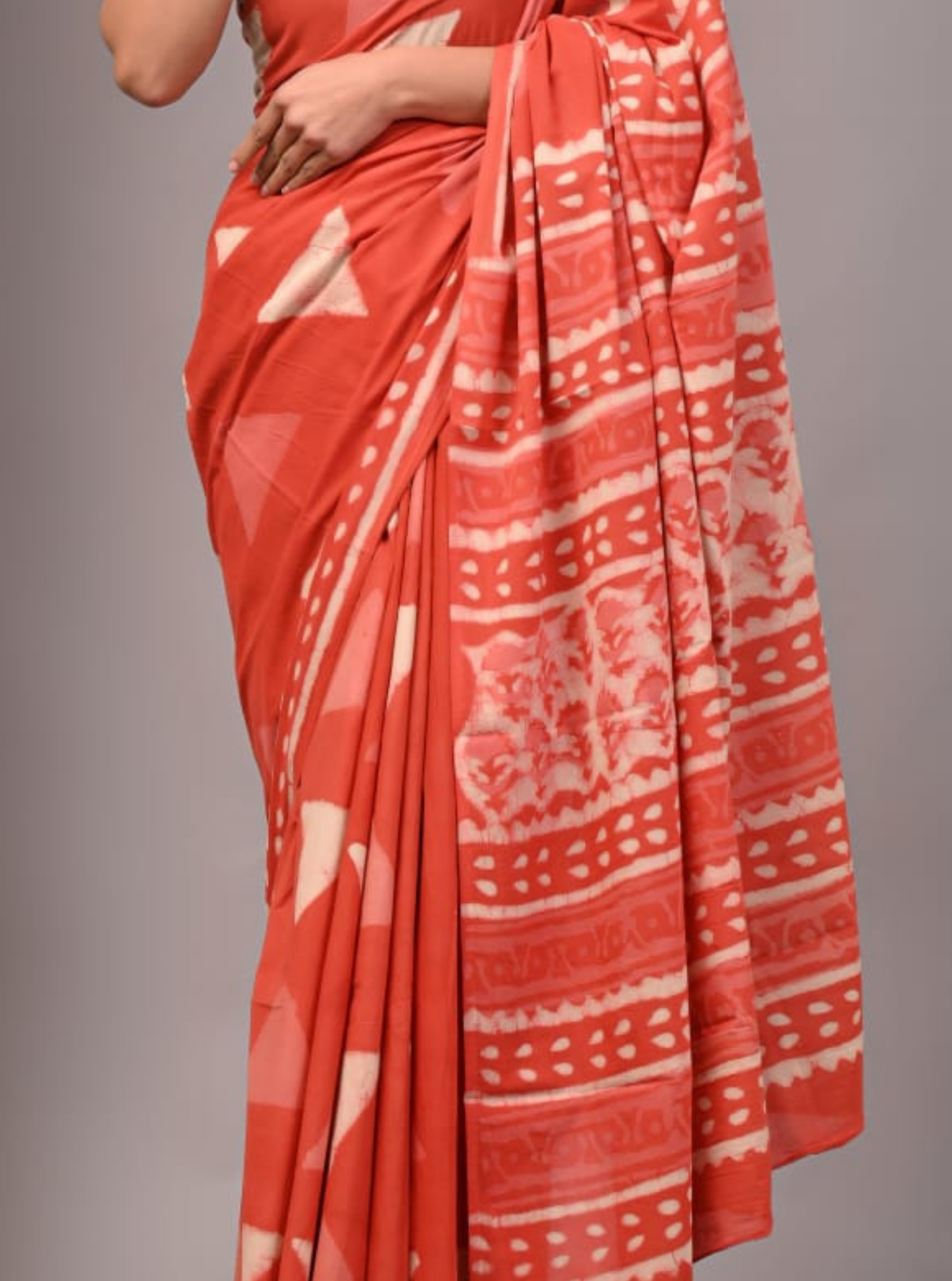 Rust Orange Cotton Saree with Tribal Prints & Ethnic Border