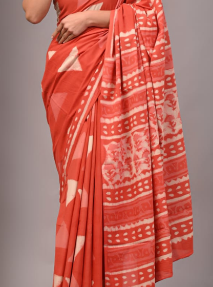 Rust Orange Cotton Saree with Tribal Prints & Ethnic Border