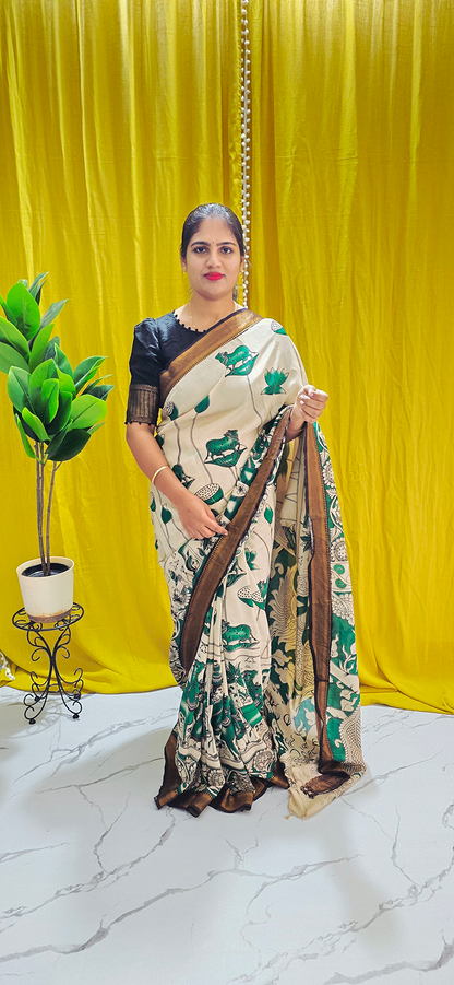 Charming Dark Green Kalamkari Mangalagiri Silk Saree with Nizam Border and Hand Block Design
