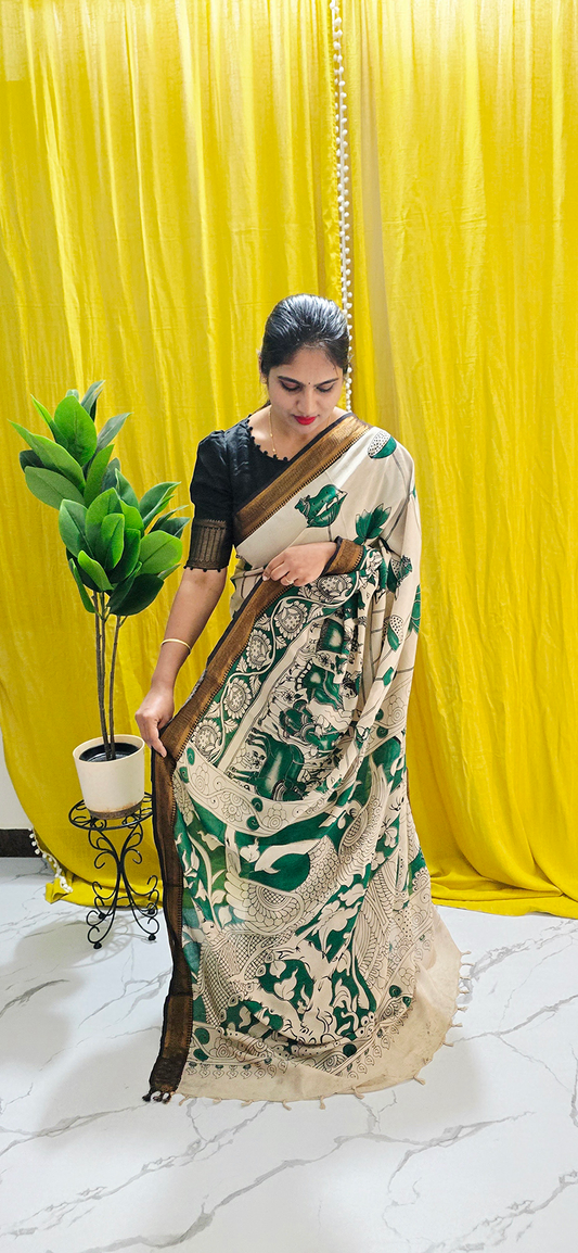 Charming Dark Green Kalamkari Mangalagiri Silk Saree with Nizam Border and Hand Block Design