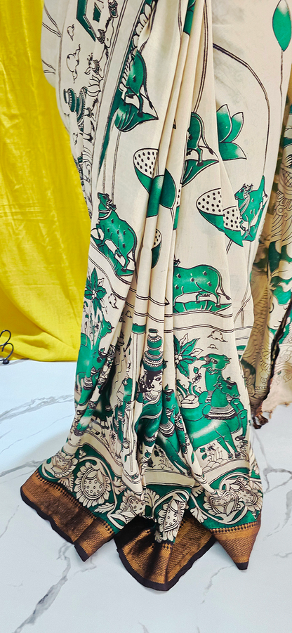 Charming Dark Green Kalamkari Mangalagiri Silk Saree with Nizam Border and Hand Block Design