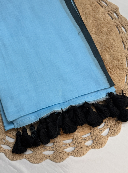 Sky Blue Mul Cotton Saree with Black Border & Tassels