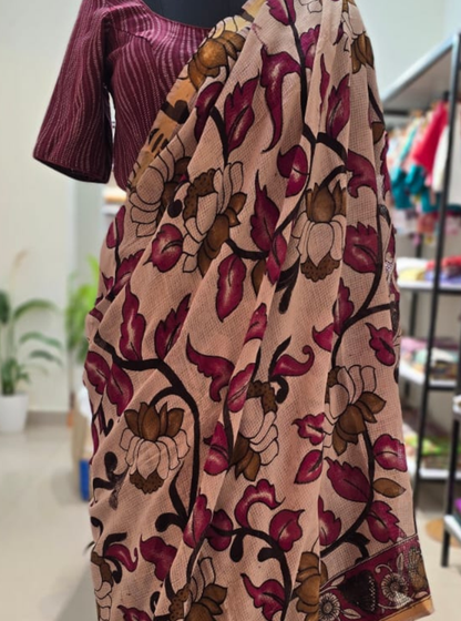 Beige Kota Cotton Saree with Kalamkari Screen Print