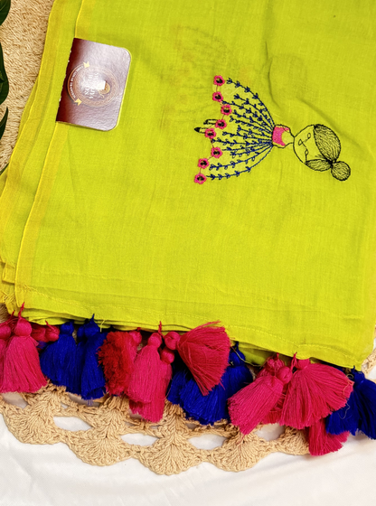 Lime Yellow Mul Cotton Saree with Hand Embroidered Motif & Contrast Tassels