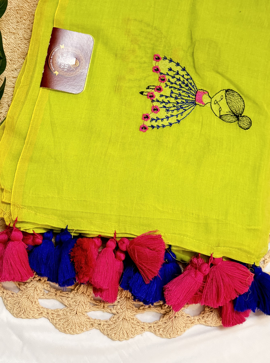 Lime Yellow Mul Cotton Saree with Hand Embroidered Motif & Contrast Tassels
