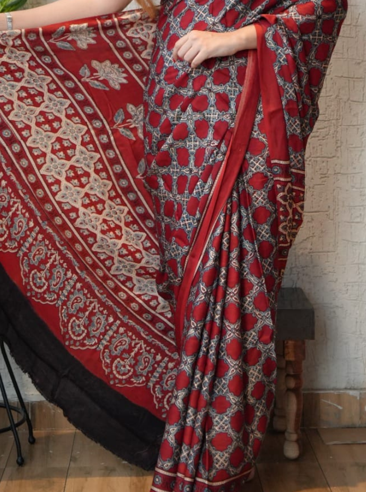Elegant Red Modal Silk Saree with Traditional Ajrakh-Inspired Motifs