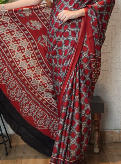 Elegant Red Modal Silk Saree with Traditional Ajrakh-Inspired Motifs