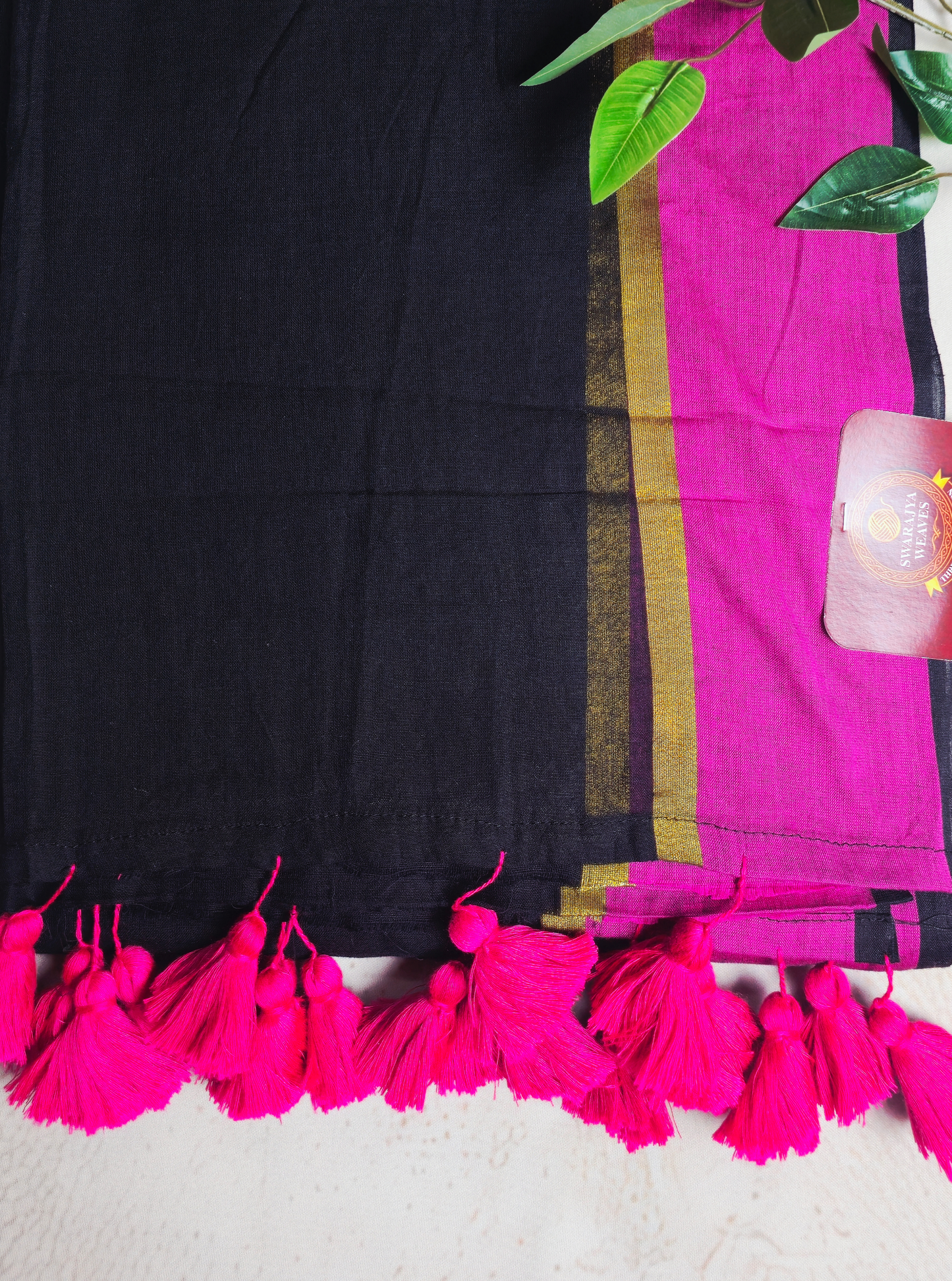 Classic Black Mul Cotton Saree with Contrast Pink Border & Tassel Pallu