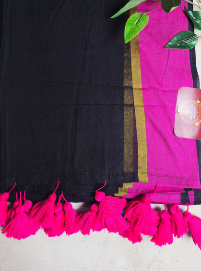 Classic Black Mul Cotton Saree with Contrast Pink Border & Tassel Pallu