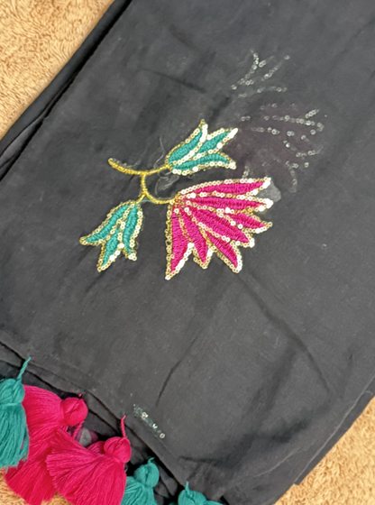 Black Mul Cotton Saree with Sequin Floral Embroidery & Contrast Tassels