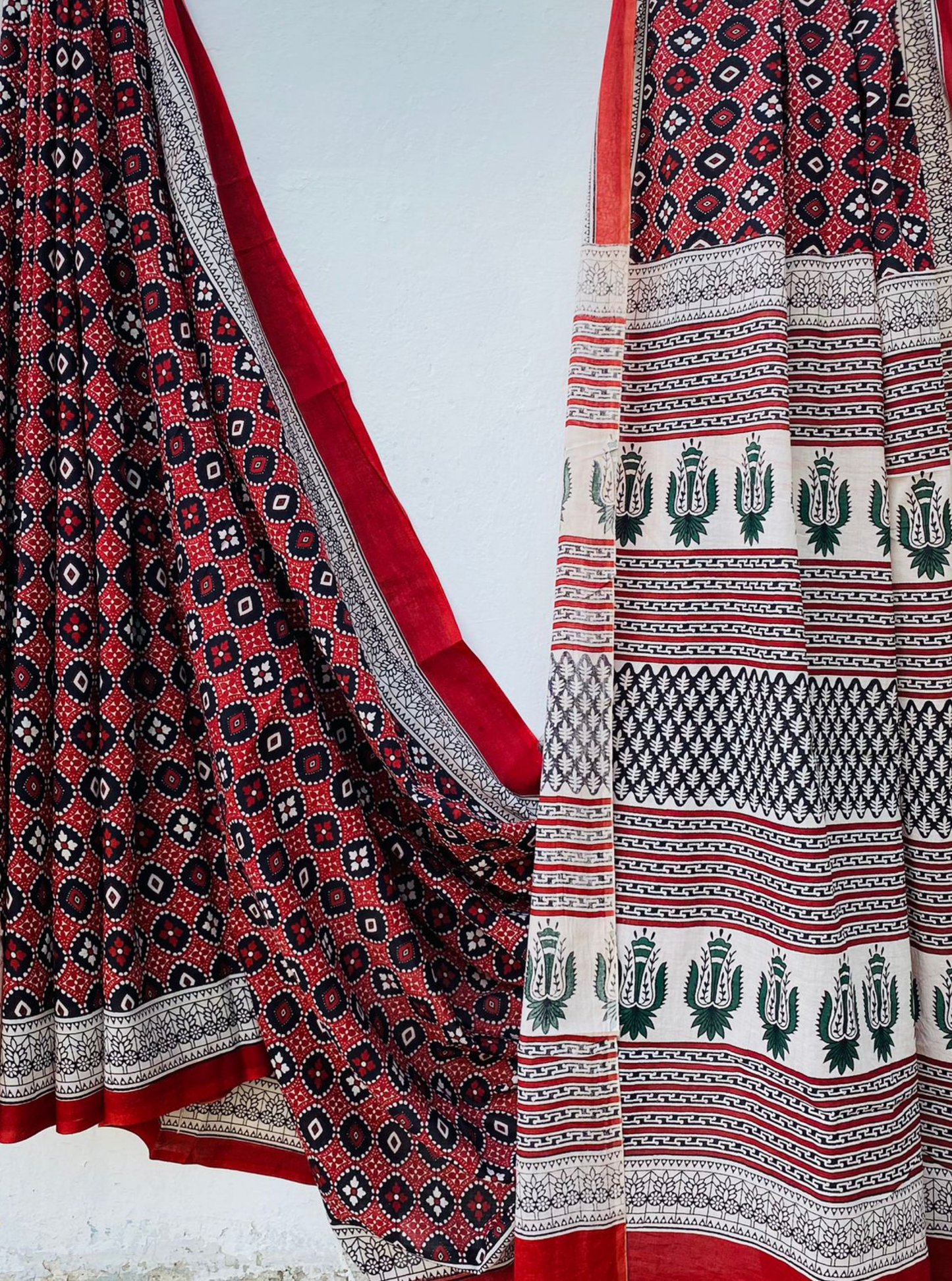Ajrakh-Inspired Red & Black Bagru Handblock Printed Cotton Saree
