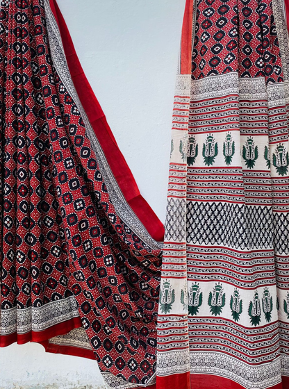 Ajrakh-Inspired Red & Black Bagru Handblock Printed Cotton Saree