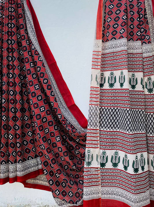 Ajrakh-Inspired Red & Black Bagru Handblock Printed Cotton Saree