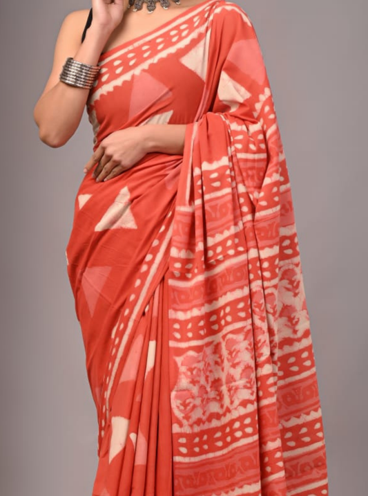 Rust Orange Cotton Saree with Tribal Prints & Ethnic Border