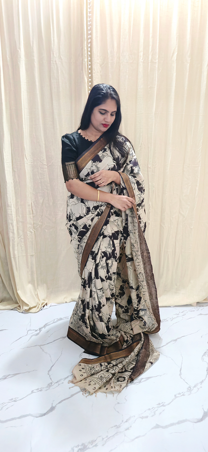 Refined Black and White Pichwai Kalamkari Mangalagiri Silk Saree with Nizam Border and Hand Block Design