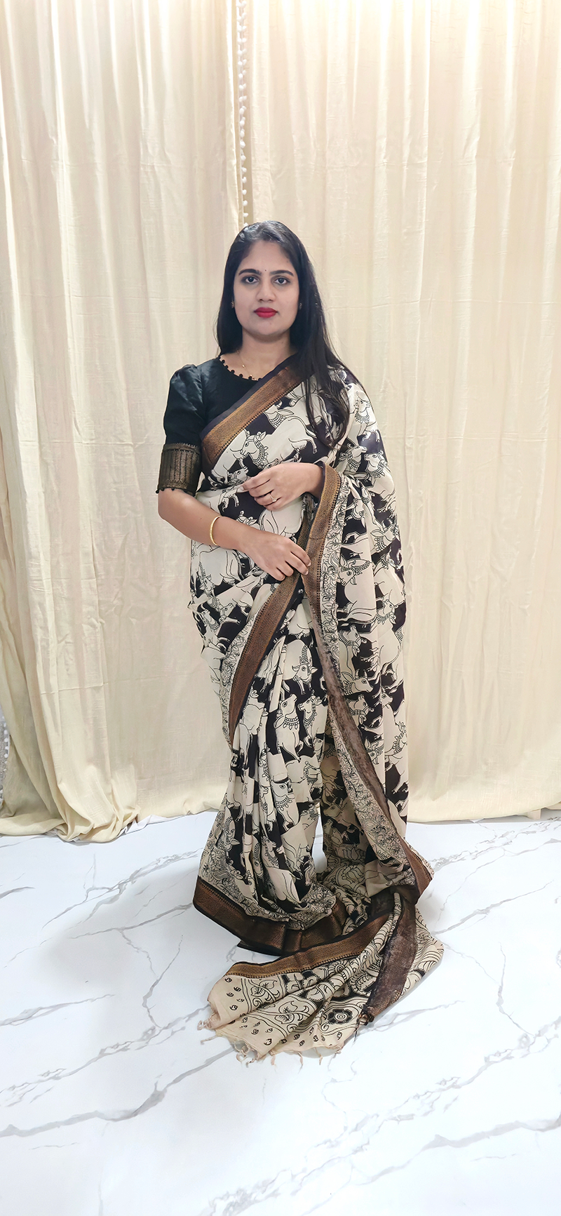 Refined Black and White Pichwai Kalamkari Mangalagiri Silk Saree with Nizam Border and Hand Block Design