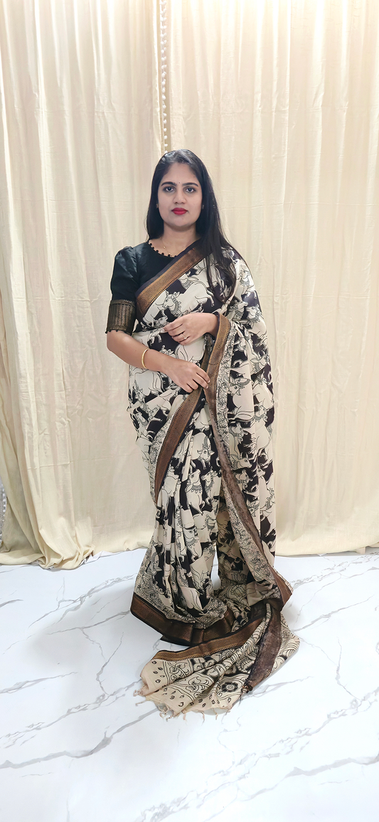 Refined Black and White Pichwai Kalamkari Mangalagiri Silk Saree with Nizam Border and Hand Block Design