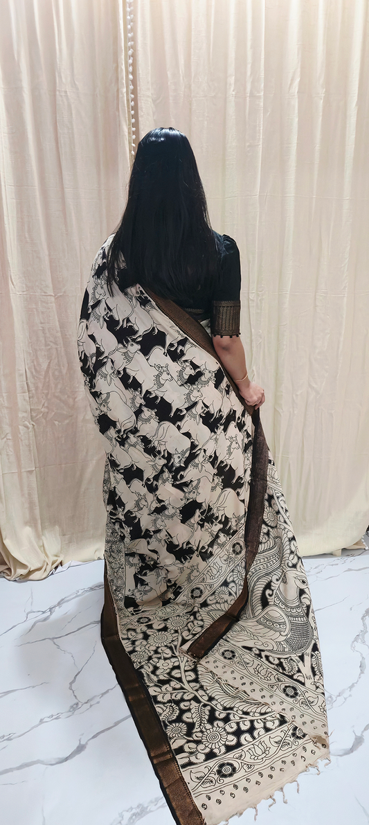 Refined Black and White Pichwai Kalamkari Mangalagiri Silk Saree with Nizam Border and Hand Block Design