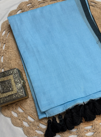 Sky Blue Mul Cotton Saree with Black Border & Tassels