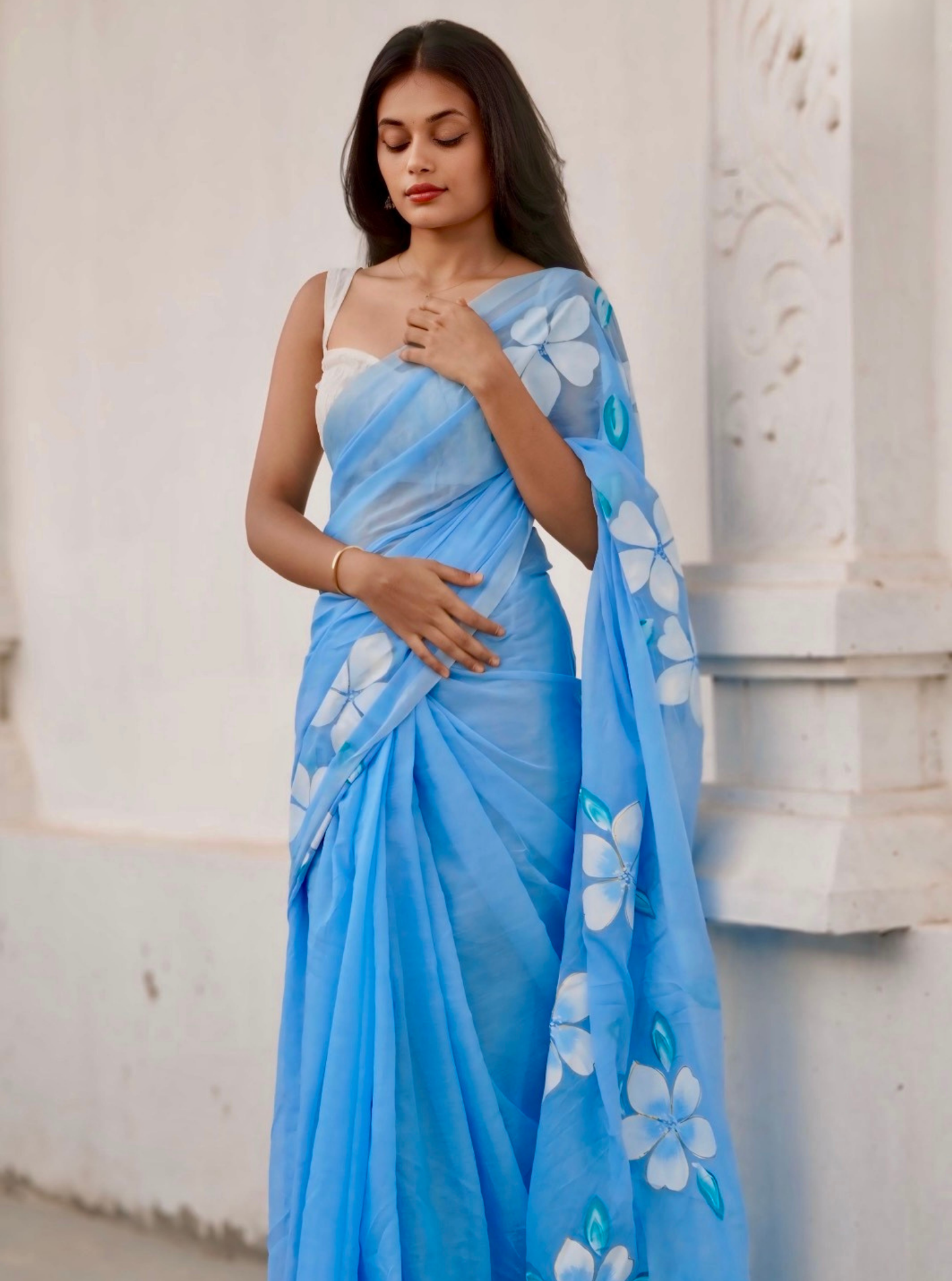 Sky Blue Mul Cotton Saree with Minimal Floral Accents