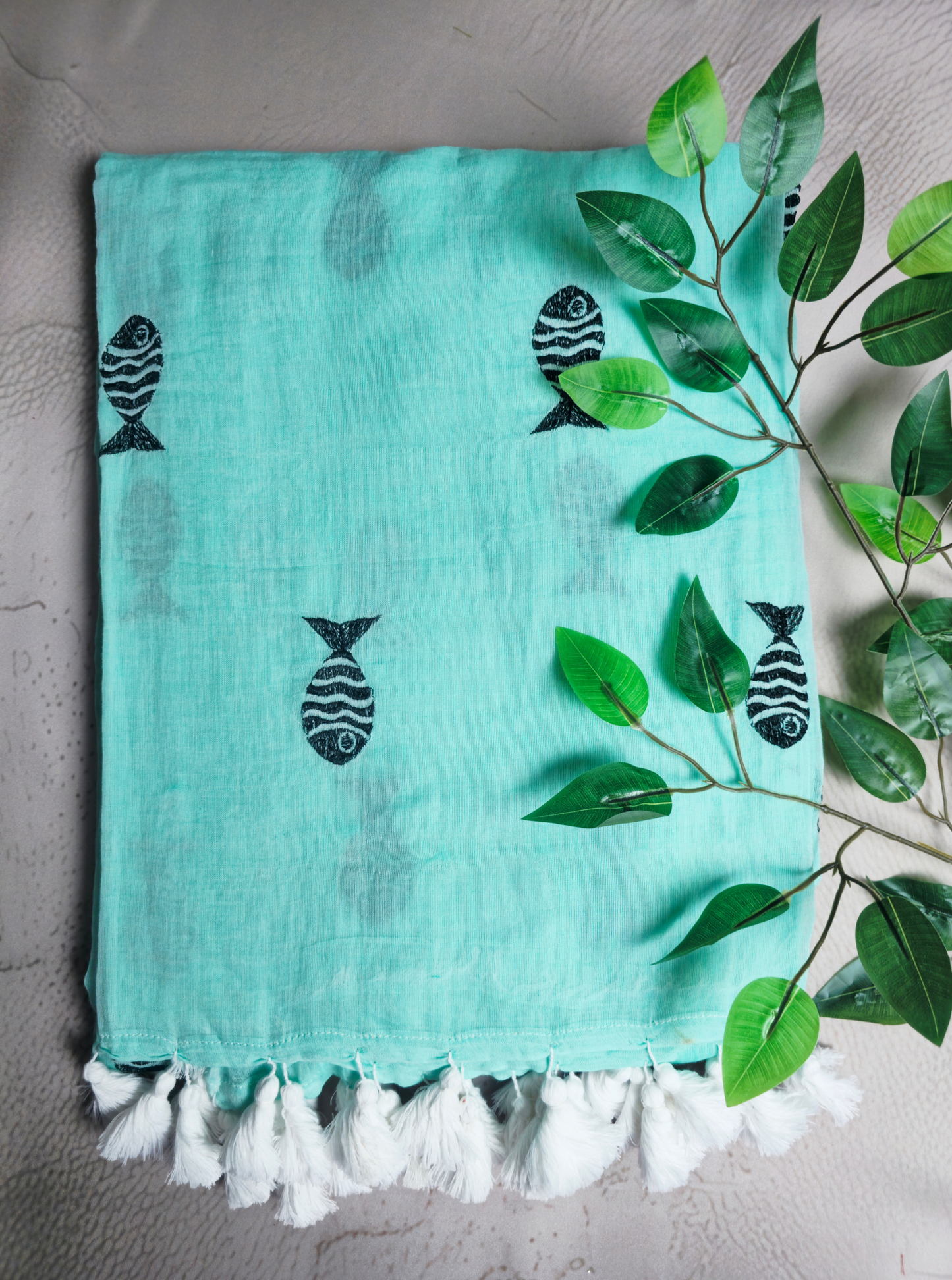 Elegant Aqua Mul Cotton Saree with Fish Motifs & Tassel Pallu